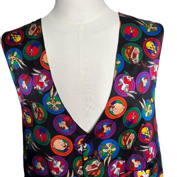 Vintage 90s Looney Tunes Mania Silk Vest Large Black Bugs Bunny Tweety Taz - Picture 2 of 6